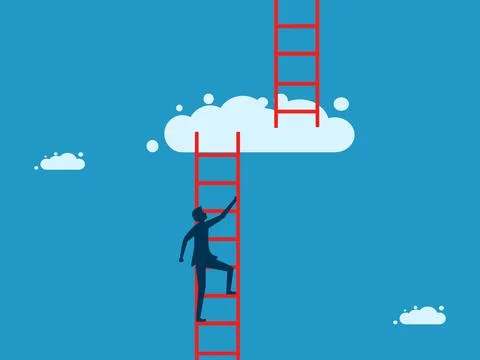 Take it to the next level. man climbs the stairs to the next level of cloud Stock Illustration