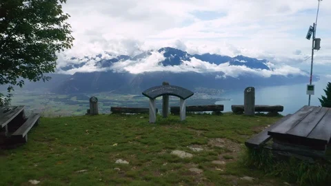 Take-off from observation deck to Lake Geneva view and Alps Mountains Stock Footage 121887543