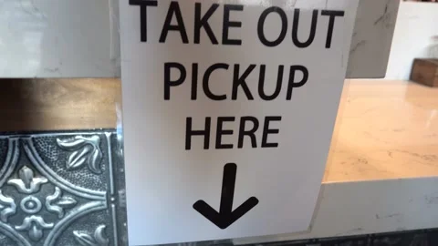 Take Out and Pick up service sign at restaurant Stock Footage 145386468