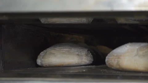 Take out the finished bread from the oven. slow motion Stock-Footage 100739441