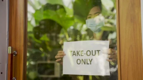 take out only sign on coffee shop | Stock Video | Pond5
