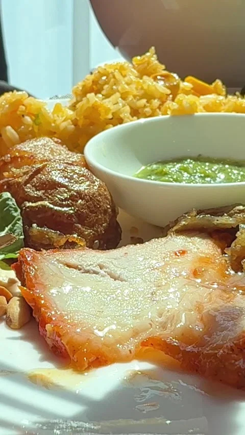 Take a piece of fatty pork with a fork and dip it into the sauce Stock Footage 310433387