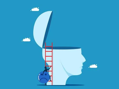 Take the problem on yourself. Businessman holding sad icon climbing a ladder  库存插图