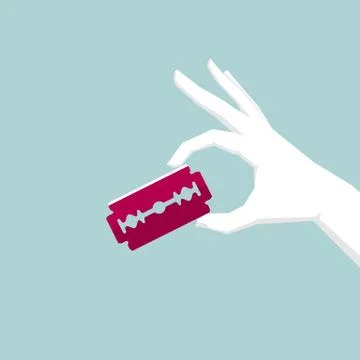 Take the razor blade in one hand. Isolated on blue background. Stock Illustration