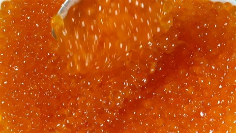 Take red caviar with a spoon Stock Footage 153152208