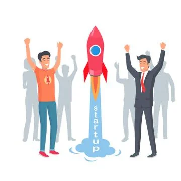Take-off Rocket in Startup. Happy and Joyful Men Stock Illustration