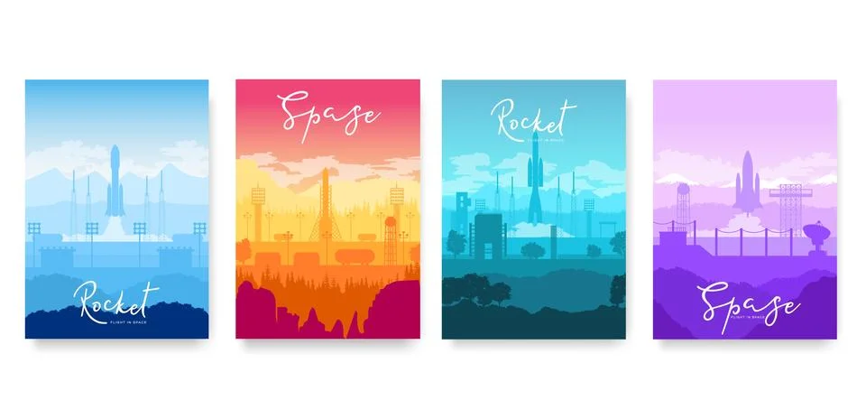 Take-off of the rocket vector brochure cards set.  Space Flight template o Stock Illustration