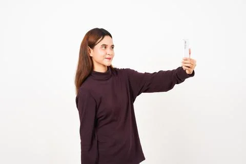 Take a Selfie using Smartphone Of Beautiful Asian Woman Isolated On White B.. Stock Photos