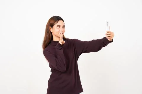 Take a Selfie using Smartphone Of Beautiful Asian Woman Isolated On White B.. Stock Photos