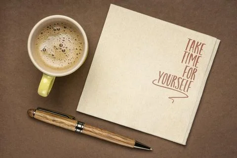 Take time for yourself - inspirational note on a napkin, self care and pers.. Stock Photos