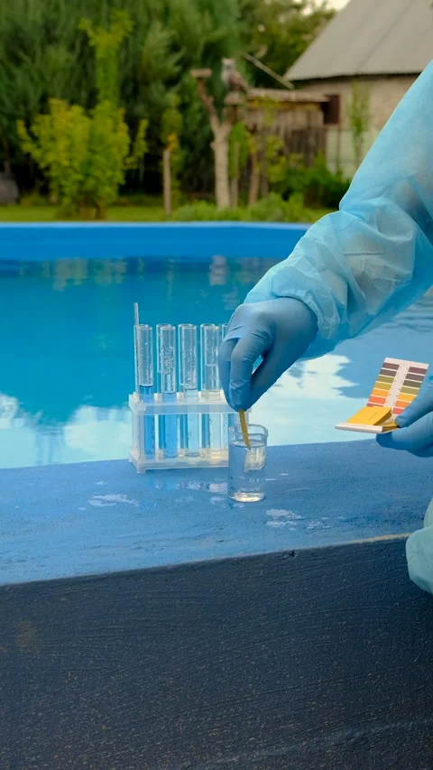 Take a water sample from the pool. Selective focus. Stock Footage 316695758
