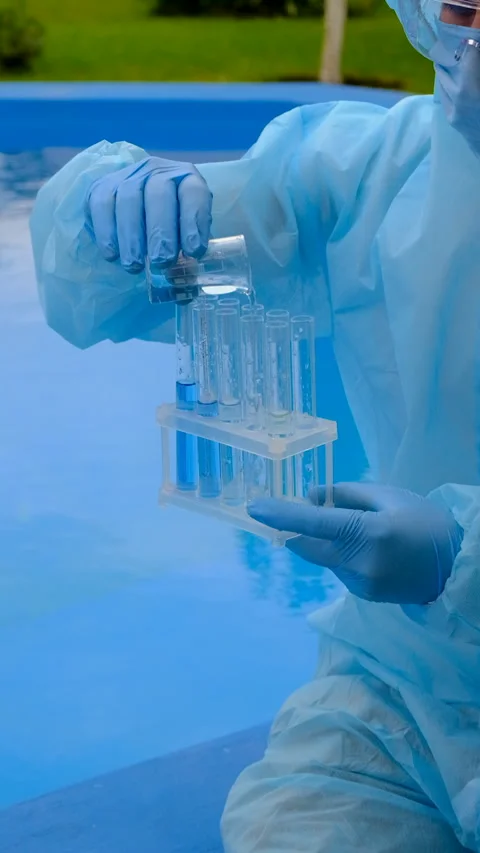 Take a water sample from the pool. Selective focus. Video stock 317176020