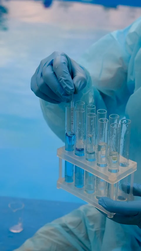 Take a water sample from the pool. Selective focus. Stock Footage 317377573