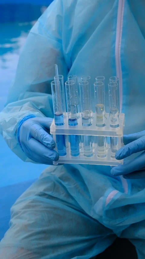 Take a water sample from the pool. Selective focus. Stock Footage 317880238