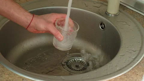 Take water from the tap. selective focus. Stock Footage 149851616