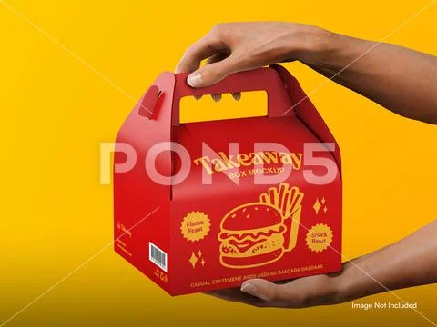 Takeaway Box Packaging Mockup with Hands PSDテンプレート