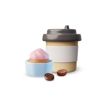 Takeaway Coffee or tea, Coffee to go with cupcake and coffee beans 3D carto.. Stock Illustration