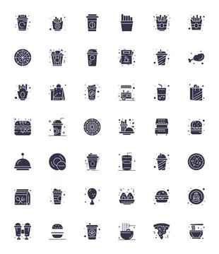 Takeaway Complete Vector Package with 42 128x128 Filled Pixel Optimized Icons Stock Illustration