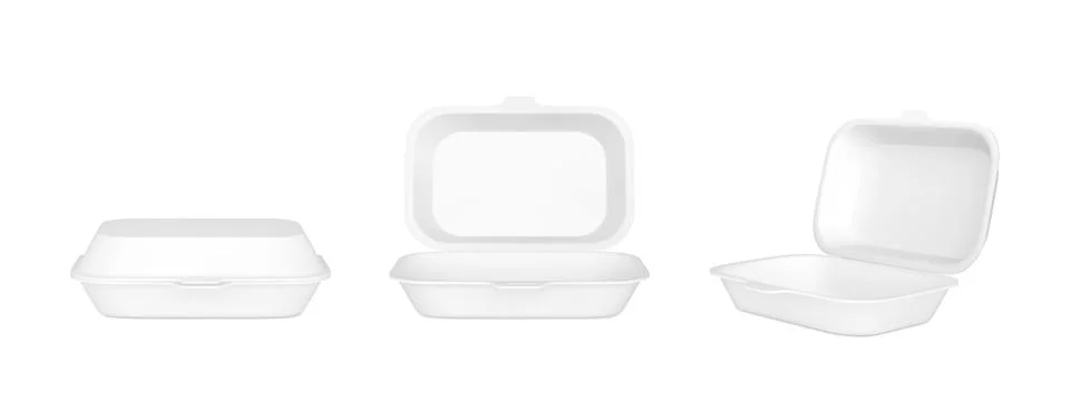 Takeaway container packages 3D vector mock up, realistic open and closed blank Stock Illustration