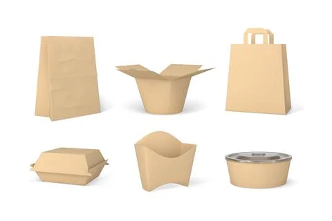 Takeaway containers packages mock up 3D vector set, craft brown paper fast food Stock Illustration