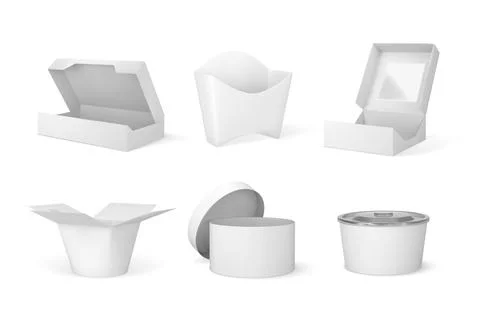 Takeaway containers packages mock up 3D vector set, craft white paper fast food Stock Illustration