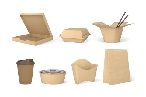 Takeaway containers packages mock up 3D vector set, craft brown paper fast food Stock Illustration