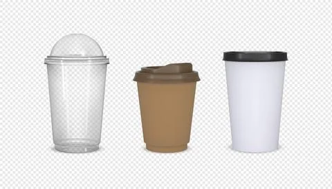 Takeaway drink packages mock up 3D vector set, craft paper and transparent Stock Illustration