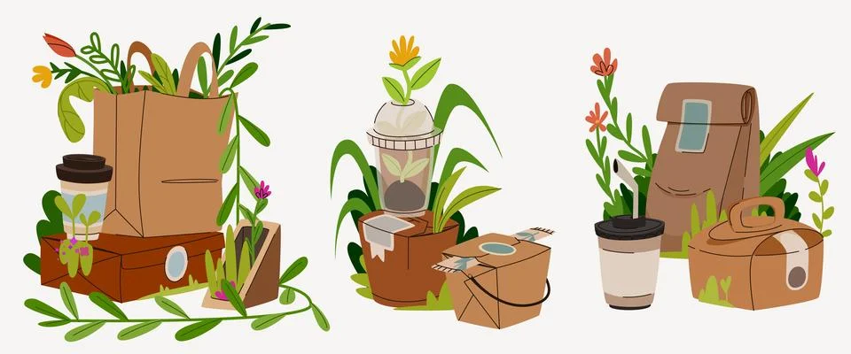 Takeaway paper package with botanical elements Stock Illustration