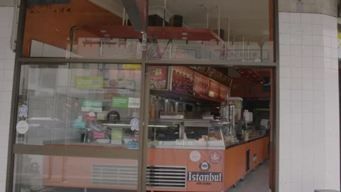 Takeaway Restaurant Counter and Menu Boards Viewed from Street in Sydney Stock Footage 345655774