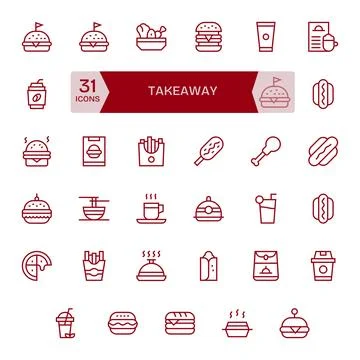 Takeaway Vector Icon Library with 35 Regular Line 64x64 Pixel Optimized Desig Stock Illustration
