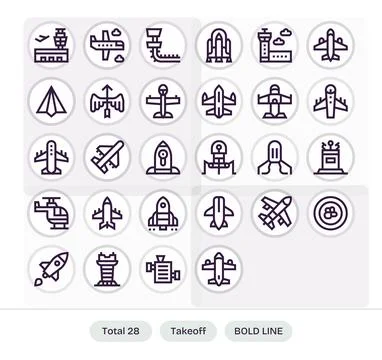 Takeoff Detail Enhanced Vector Set with 28 High Resolution Bold Line Icons Stock Illustration