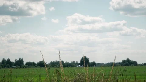 Takeoff of an old plane, down the runway, beautiful summer landscape, sun green Video stock 138035365