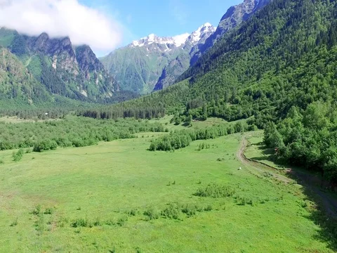 Takeoff over green fields and forest in Mountain Valley Aerial 4k video Stock Footage 80314445