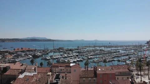 Takeoff over the rooftops of Bandol overlooking the port Stock Footage 154908523