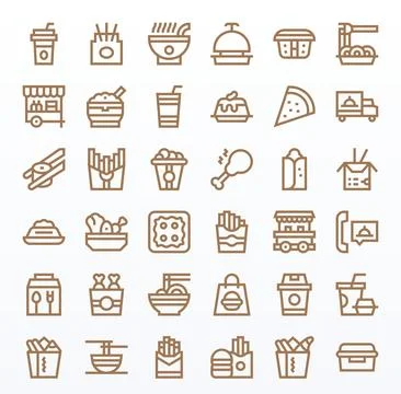 Takeout Vector Icon Library with 36 Bold Line 128x128 Pixel Aligned Designs Stock Illustration