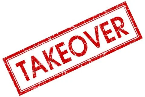 Takeover red square stamp isolated on white background Illustrazione stock