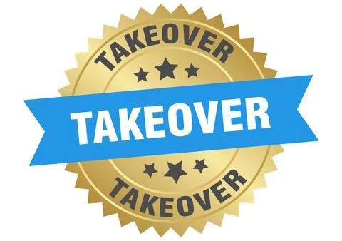 Takeover. takeover round blue and gold label isolated on transparent backgrou Ilustração Stock