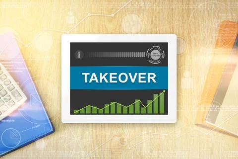 Takeover word on tablet Stock Photos