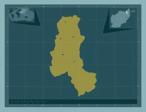 Takhar, Afghanistan. Solid color shape. Locations of major cities of the regi Stock Illustration