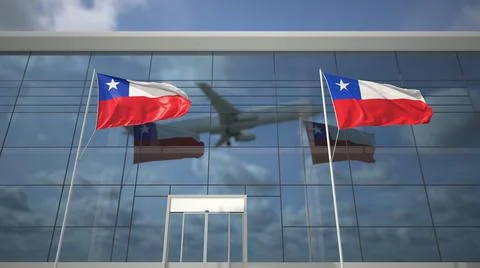 Taking off airliner and flags of Chile in the airport terminal. 3D rendering Ilustración de archivo