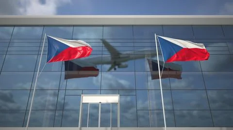 Taking off airliner and flags of the Czech Republic in the airport terminal. 3D Ilustración de archivo