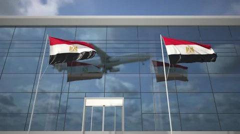 Taking off airliner and flags of Egypt in the airport terminal. 3D rendering Ilustración de archivo