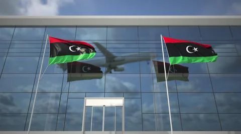Taking off airliner and flags of Libya in the airport terminal. 3D rendering Ilustración de archivo