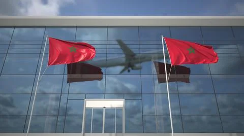 Taking off airliner and flags of Morocco in the airport terminal. 3D rendering Ilustración de archivo
