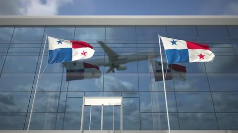 Taking off airliner and flags of Panama in the airport terminal. 3D rendering Ilustración de archivo