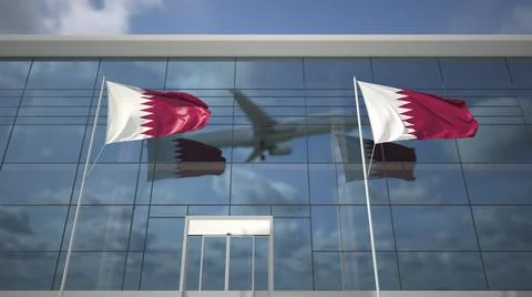 Taking off airliner and flags of Qatar in the airport terminal. 3D rendering Ilustración de archivo