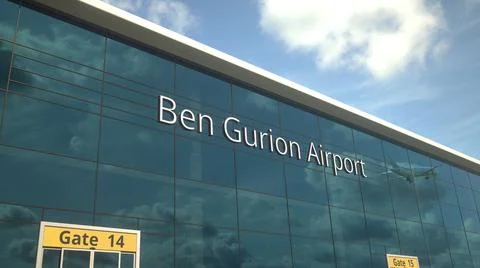 Taking off airplane reflecting in the modern windows with Ben Gurion Airport Ilustración de archivo