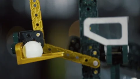 Taking ball and rolling on the plastic path, Marble machine construction Stock Footage 218865276