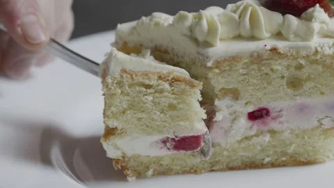 Taking a Bite of Berry Cream Sponge Cake Stock Footage 335964066