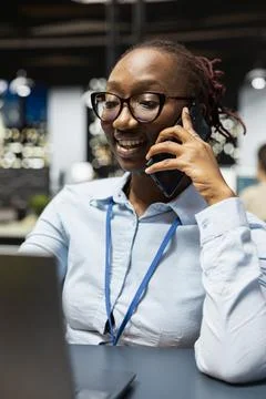 Taking break from work, phone and cheerful businesswoman Stock Photos